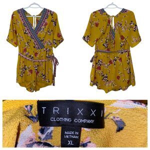 Trixxi Mustard Yellow Floral Boho Wrap Romper with‎ Border Print Detail Size XL
